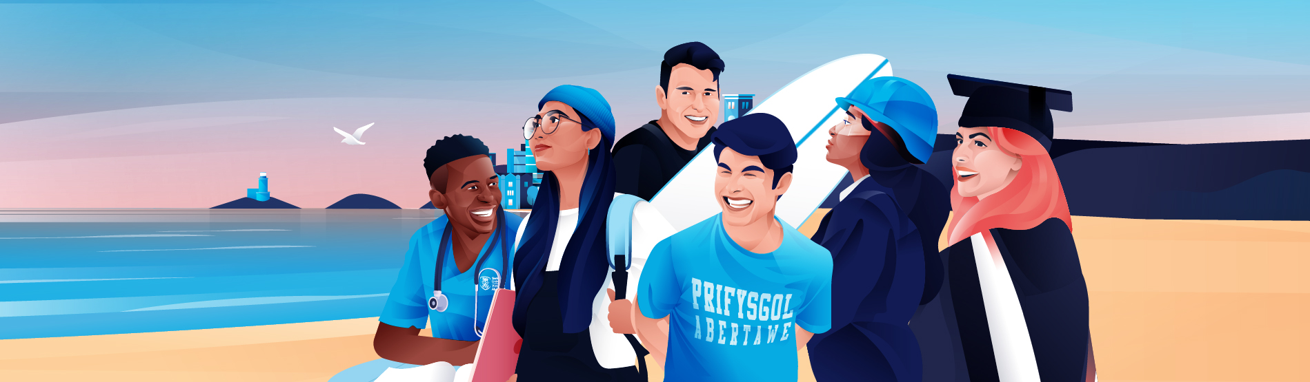 Illustration of Swansea university students